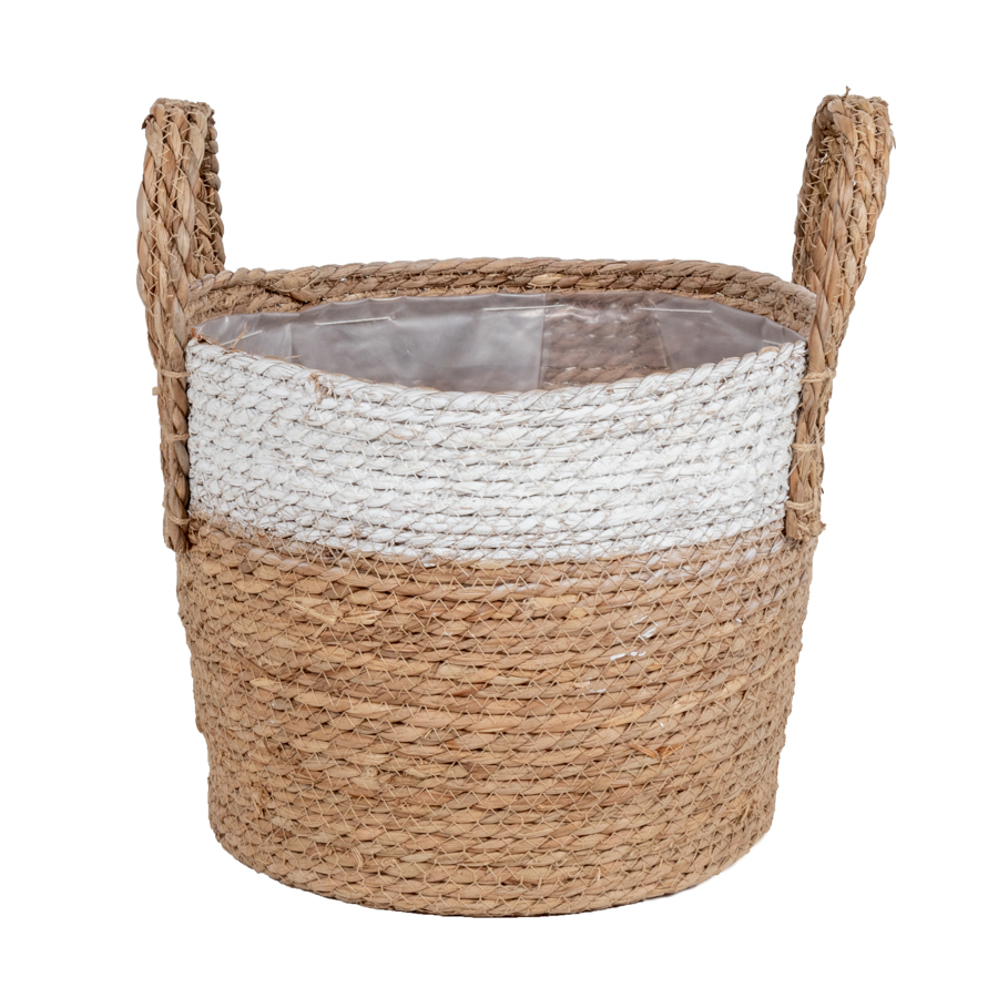 Plantenmand Zeegras - Naturel/Wit - Rond - Ø32cm - Mand Middel - Het Mandenhuys
