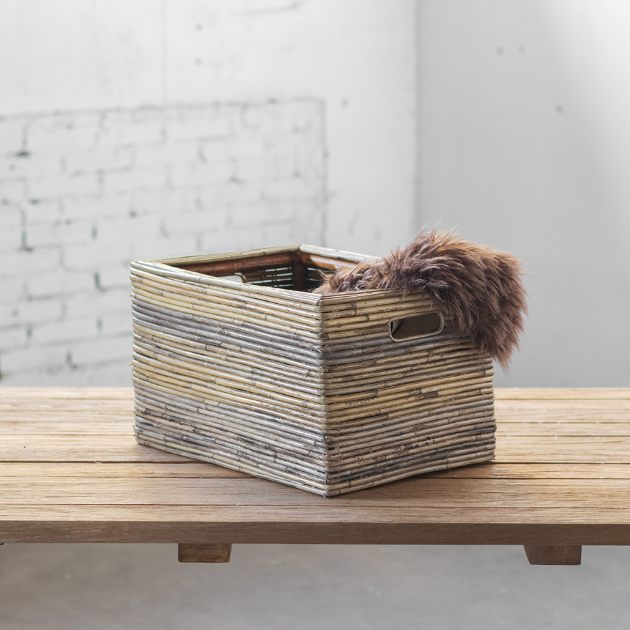 Opbergmand Rotan - 	43 × 33 × 25 cm - Opbergmand Streep Grijs - Het Mandenhuys