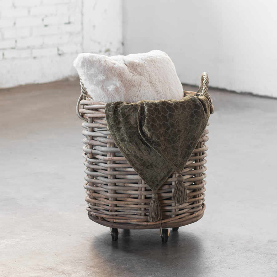 Van der Leeden Mand dik rotan  - Grijs - Op wieltjes - (D)50 x (H)50 cm