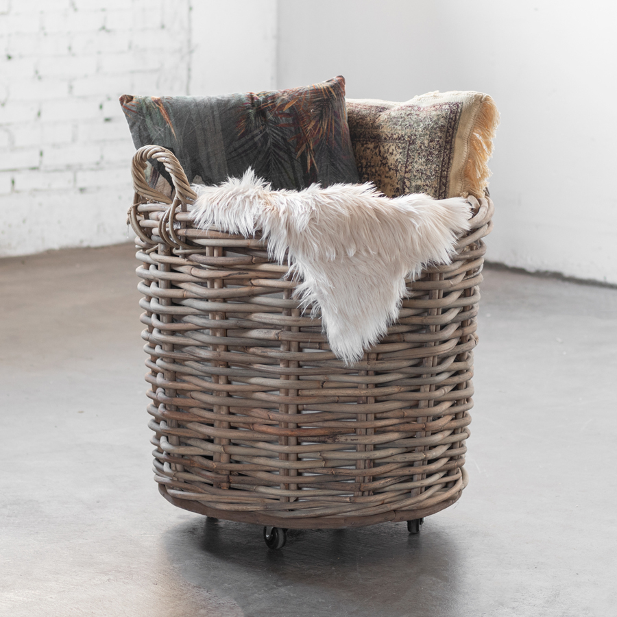 Van der Leeden Mand XXL dik rotan  - Grijs - Op wieltjes - (D)65 x (H)60 cm