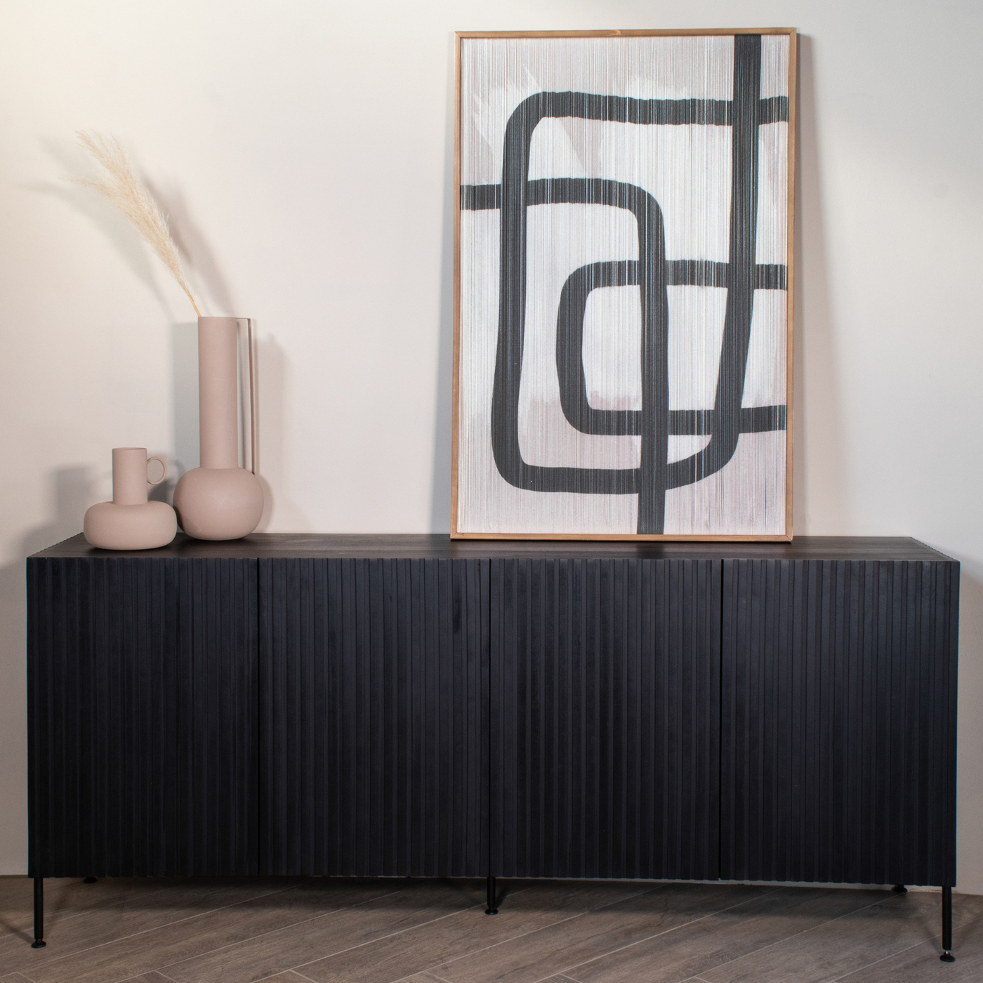 Dressoir Zwart Mangohout - 200x45x85cm - 4-Deurs - Kast Roman - Giga Meubel