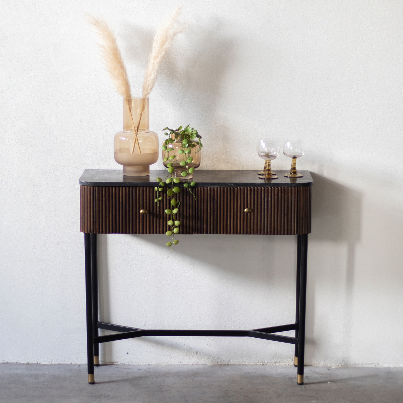 Sidetable Bruin met Marmer Blad - 90cm - Tafel Japandi - Giga Meubel