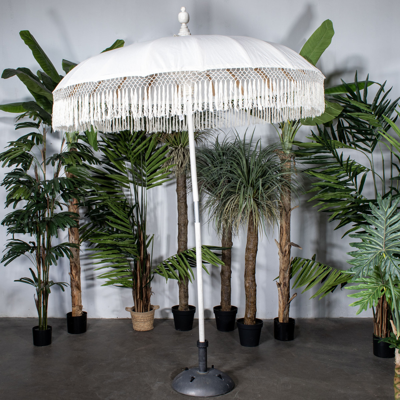 Parasol Bali Wit Ø185 cm - Grijze Franjes