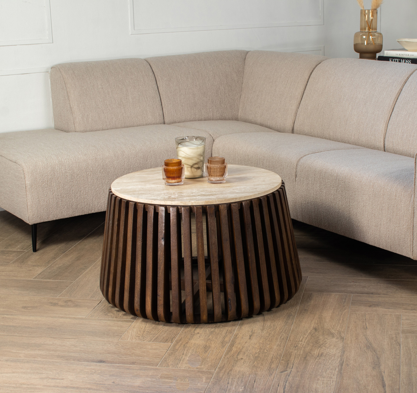 Salontafel Elisa Bruin Met Travertin Rond 70cm - Giga Meubel