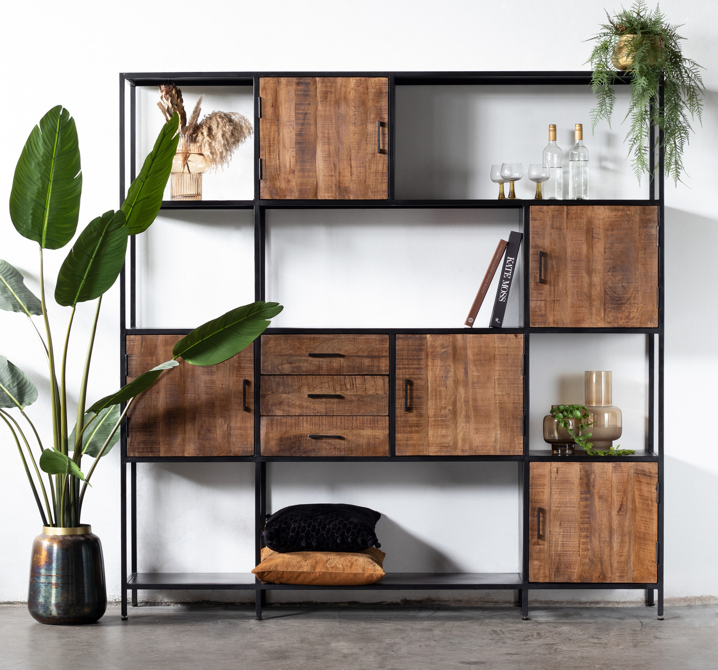 Wandkast Metaal - Zwart - Mangohout - 200x40x200cm - Kast Stef - Giga Meubel
