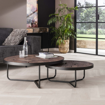 Salontafel Massief Acacia Vintage Bruin Ø90cm (Set van 2) - Giga Meubel