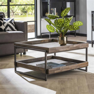 Salontafel Teca Vierkant Opstaande Rand Teakhout Greywash