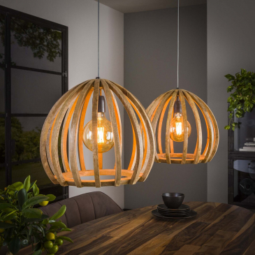 Hanglamp 2L Gebogen Houten Spijlen Massief Mango Naturel - Giga Meubel