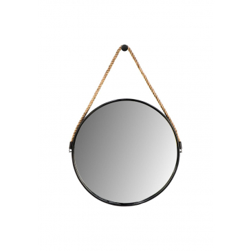 HSM Collection Ronde Wandspiegel Met Touw Ø63x3,5cm Metaal/Touw Zwart/Naturel