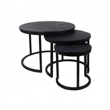 HSM Collection Salontafel District Zwart Mangohout/Ijzer Set van 3