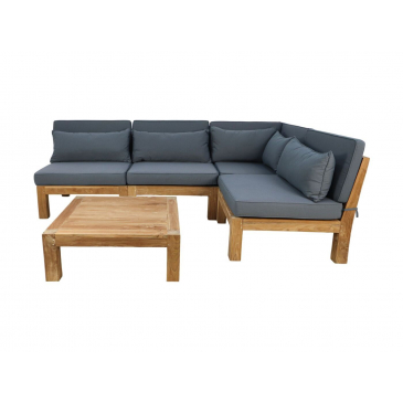 HSM Collection Tuin Loungeset Aruba 5Delig + Hoek (Incl. Kussens) Donkergrijs Teak